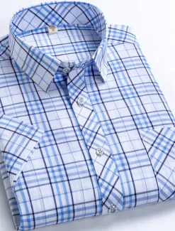Online OUKU Men's Dress Shirt Stripes and Plaid Wedding Office & Career Yellow Dark Pink Blue Sky Blue Short Sleeve Turndown Spring & Summer Clothing Apparel