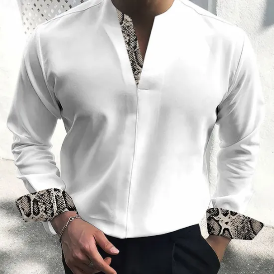 Clearance OUKU Men's Dress Shirt Tunic Shirts Leopard Print Casual Daily Black White Beige Long Sleeve Stand Collar Spring Fall Clothing Apparel