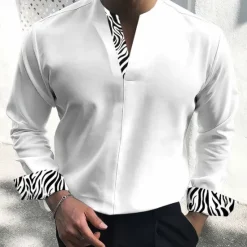 New OUKU Men's Dress Shirt Tunic Shirts Leopard Print Casual Daily Black White Beige Long Sleeve Stand Collar Spring Fall Clothing Apparel