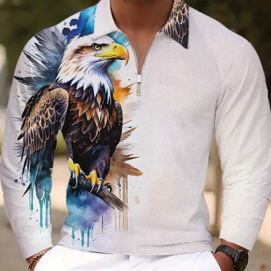 New OUKU Men's Eagle Patriotic Polo Shirts Golf Polos Shirts Long Sleeve Polo Shirts Collar Vacation Party Evening Wear Dailywear Zipper 3D Print Spring Fall & Winter White