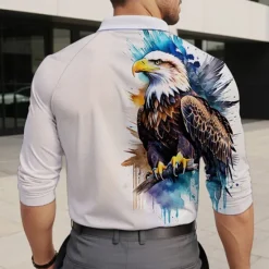 New OUKU Men's Eagle Patriotic Polo Shirts Golf Polos Shirts Long Sleeve Polo Shirts Collar Vacation Party Evening Wear Dailywear Zipper 3D Print Spring Fall & Winter White