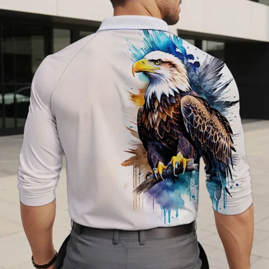 New OUKU Men's Eagle Patriotic Polo Shirts Golf Polos Shirts Long Sleeve Polo Shirts Collar Vacation Party Evening Wear Dailywear Zipper 3D Print Spring Fall & Winter White