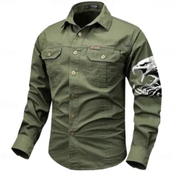 Hot OUKU Men's Eagle Work Shirt Western Shirt Cargo Shirt Long Sleeve Casual Tactical Sports & Outdoor Going out Winter Spring & Fall Turndown Print Black Grey Black White Army Green Red
