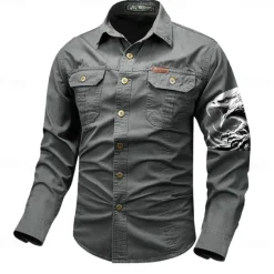 Hot OUKU Men's Eagle Work Shirt Western Shirt Cargo Shirt Long Sleeve Casual Tactical Sports & Outdoor Going out Winter Spring & Fall Turndown Print Black Grey Black White Army Green Red