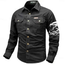Hot OUKU Men's Eagle Work Shirt Western Shirt Cargo Shirt Long Sleeve Casual Tactical Sports & Outdoor Going out Winter Spring & Fall Turndown Print Black Grey Black White Army Green Red