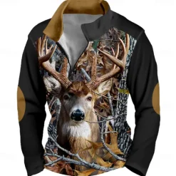 OUKU Men's Elk Camo Sweatshirt Sports Color Block Long Sleeve High Neck Outdoor Hunting Black Brown Zipper Quarter Zip Fall Winter Designer