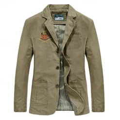 Hot OUKU Men's Emblem Print Cotton Suit Jacket Suits Coat Blazer Casual Outdoor Dailywear Long Sleeve Notch Lapel Collar Outwear Pockets Button Down Stripe Lined Suit Jacket Fall Winter Black khaki Army Green