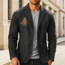 Hot OUKU Men's Emblem Print Cotton Suit Jacket Suits Coat Blazer Casual Outdoor Dailywear Long Sleeve Notch Lapel Collar Outwear Pockets Button Down Stripe Lined Suit Jacket Fall Winter Black khaki Army Green