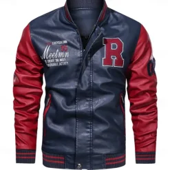 Clearance OUKU Men's Embroidered Bomber Jacket Leather Jacket Winter Baseball Coat Long Sleeve Stand Collar PU Leather Motorcycle Jacket