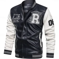 Clearance OUKU Men's Embroidered Bomber Jacket Leather Jacket Winter Baseball Coat Long Sleeve Stand Collar PU Leather Motorcycle Jacket