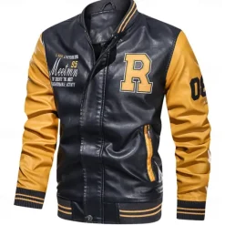 Clearance OUKU Men's Embroidered Bomber Jacket Leather Jacket Winter Baseball Coat Long Sleeve Stand Collar PU Leather Motorcycle Jacket