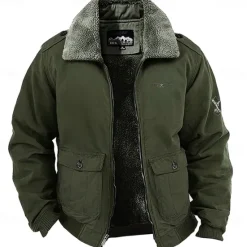 Online OUKU Men's Embroidered Fleece Jacket Cargo Jacket Long Sleeve Military Tactical Thermal Warm Coat Vintage Casual Style Cotton Bomber Jacket with Turn-down Collar khaki Army Green Dark Blue