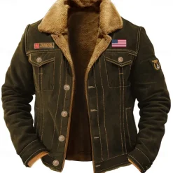 Hot OUKU Men's Embroidered Fleece Jacket Cargo Jacket merican US Flag Print Turndown Collar Long Sleeve Military Tactical Jacket Vintage Thermal Warm Winter Outwear Multiple Pockets Button Front Cotton Coat Army Green