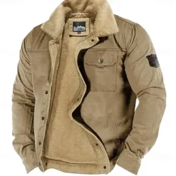 Online OUKU Men's Embroidered Fleece Jacket Sherpa Trucker Jacket Work Cargo Jacket Turn-Down Collar Warm Winter Cotton Jacket Vintage Casual Going Out Coat Multi-Pockets