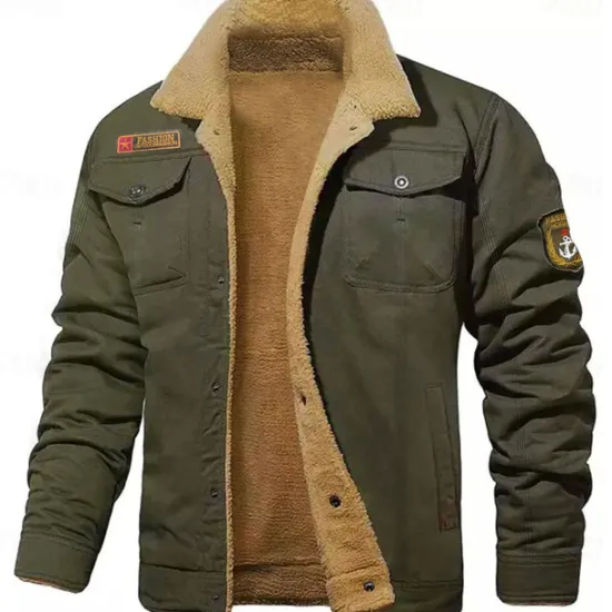 Sale OUKU Men's Embroidered Fleece Jacket Cargo Jacket Turndown Collar Long Sleeve Military Tactical Jacket Vintage Thermal Warm Winter Outwear Multiple Pockets Button Front Cotton Coat Black khaki Army Green