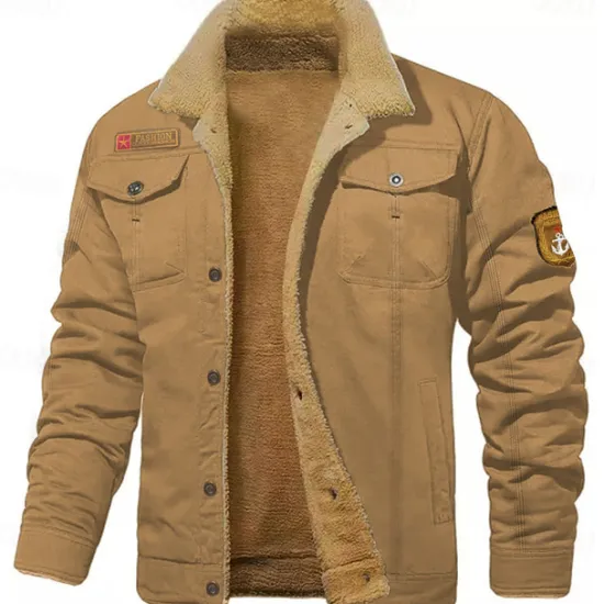 Sale OUKU Men's Embroidered Fleece Jacket Cargo Jacket Turndown Collar Long Sleeve Military Tactical Jacket Vintage Thermal Warm Winter Outwear Multiple Pockets Button Front Cotton Coat Black khaki Army Green