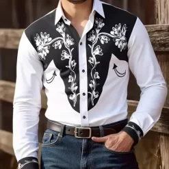 Discount OUKU Men's Ethnic Baroque Scrollwork Shirt Western Shirt Cowboy Shirt Long Sleeve Vintage Retro Outdoor Vacation Spring Fall Turndown 3D Print Linen Like Shirt White 1 White
