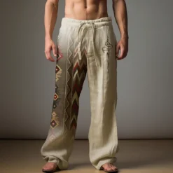 Sale OUKU Men's Ethnic Linen Pants Pants Trousers Baggy Pants Mid Waist Vintage Outdoor Daily Wear Streetwear Fall & Winter Blue Green Khaki