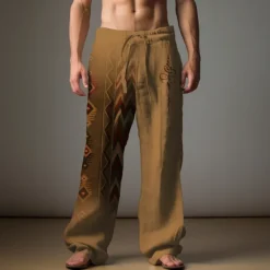 Sale OUKU Men's Ethnic Linen Pants Pants Trousers Baggy Pants Mid Waist Vintage Outdoor Daily Wear Streetwear Fall & Winter Blue Green Khaki