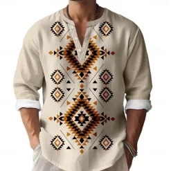 Discount OUKU Men's Ethnic Shirt Button Up Shirt Henley Shirt Long Sleeve Casual Tribal Vacation Casual Holiday Summer Spring Fall Collarless V Neck Print Beige