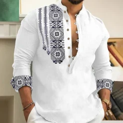 Outlet OUKU Men's Ethnic Shirt Button Up Shirt Long Sleeve Fashion Streetwear Designer Outdoor Street Daily Summer Spring Fall Stand Collar Print White Pink Blue Green Gray