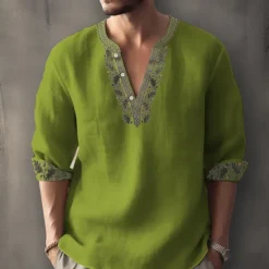 Clearance OUKU Men's Ethnic Shirt Linen Shirt Long Sleeve Fashion Streetwear Designer Outdoor Daily Going out Spring & Summer Stand Collar Print Yellow Light Green Pink Red Navy Blue