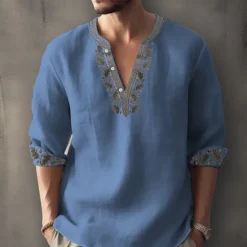 Clearance OUKU Men's Ethnic Shirt Linen Shirt Long Sleeve Fashion Streetwear Designer Outdoor Daily Going out Spring & Summer Stand Collar Print Yellow Light Green Pink Red Navy Blue
