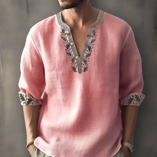 Clearance OUKU Men's Ethnic Shirt Linen Shirt Long Sleeve Fashion Streetwear Designer Outdoor Daily Going out Spring & Summer Stand Collar Print Yellow Light Green Pink Red Navy Blue