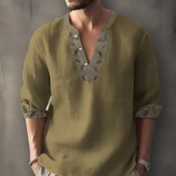 Clearance OUKU Men's Ethnic Shirt Linen Shirt Long Sleeve Fashion Streetwear Designer Outdoor Daily Going out Spring & Summer Stand Collar Print Yellow Light Green Pink Red Navy Blue