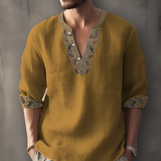 Clearance OUKU Men's Ethnic Shirt Linen Shirt Long Sleeve Fashion Streetwear Designer Outdoor Daily Going out Spring & Summer Stand Collar Print Yellow Light Green Pink Red Navy Blue