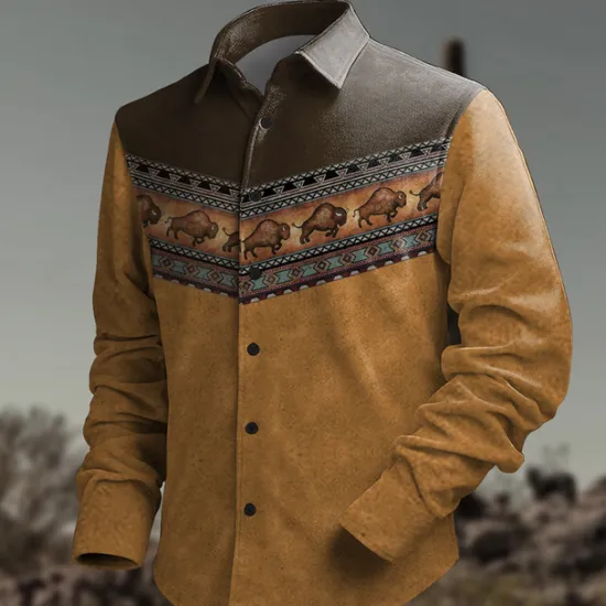 Clearance OUKU Men's Ethnic Shirt Western Shirt Cowboy Shirt Long Sleeve Vintage Tribal Vacation Daily Wear Going out Fall & Winter Turndown Print Button-Down Fleece Brown Gray