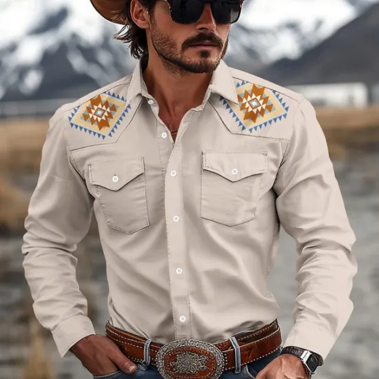 Outlet OUKU Men's Ethnic Western Shirt Cowboy Shirt Long Sleeve Western Casual Spring Fall Turndown Button Up Beige
