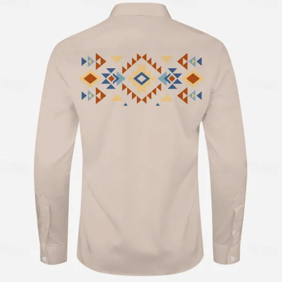 Outlet OUKU Men's Ethnic Western Shirt Cowboy Shirt Long Sleeve Western Casual Spring Fall Turndown Button Up Beige
