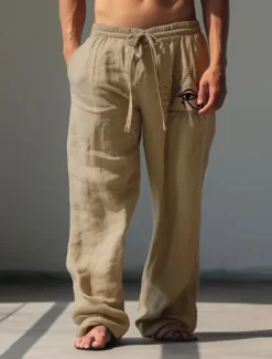 Outlet OUKU Men's Eye Linen Pants Pants Trousers Baggy Pants Mid Waist Vintage Outdoor Daily Wear Streetwear Fall & Winter White Green Khaki