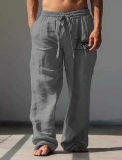 Outlet OUKU Men's Eye Linen Pants Pants Trousers Baggy Pants Mid Waist Vintage Outdoor Daily Wear Streetwear Fall & Winter White Green Khaki