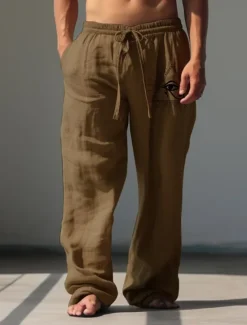 Outlet OUKU Men's Eye Linen Pants Pants Trousers Baggy Pants Mid Waist Vintage Outdoor Daily Wear Streetwear Fall & Winter White Green Khaki