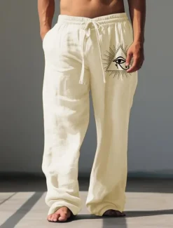 Outlet OUKU Men's Eye Linen Pants Pants Trousers Baggy Pants Mid Waist Vintage Outdoor Daily Wear Streetwear Fall & Winter White Green Khaki