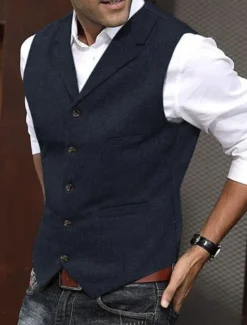 Online OUKU Men's Fashion Vest Herringbone Tailored Fit Notch Single Breasted Five-buttons Silver Black Red 2023