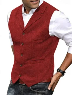 Online OUKU Men's Fashion Vest Herringbone Tailored Fit Notch Single Breasted Five-buttons Silver Black Red 2023