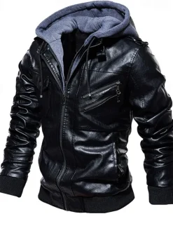 Online OUKU Men's Faux Leather Jacket Biker Jacket Red Leather Jacket Daily Vacation Windproof Warm Splice Fall & Winter Plain Fashion Classic Hooded Regular Faux Leather Black Wine Khaki Dark Gray Coffee Jacket