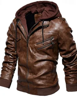 Online OUKU Men's Faux Leather Jacket Biker Jacket Red Leather Jacket Daily Vacation Windproof Warm Splice Fall & Winter Plain Fashion Classic Hooded Regular Faux Leather Black Wine Khaki Dark Gray Coffee Jacket