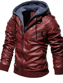 Online OUKU Men's Faux Leather Jacket Biker Jacket Red Leather Jacket Daily Vacation Windproof Warm Splice Fall & Winter Plain Fashion Classic Hooded Regular Faux Leather Black Wine Khaki Dark Gray Coffee Jacket