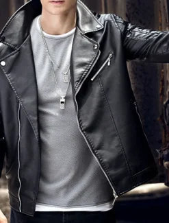Outlet OUKU Men's Faux Leather Jacket Transition Jacket Biker Jacket Motorcycle Jacket Vacation Daily Windproof Warm Pocket Fall & Winter Plain Fashion Classic Lapel Regular Black Dark Blue Jacket