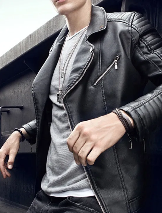Outlet OUKU Men's Faux Leather Jacket Transition Jacket Biker Jacket Motorcycle Jacket Vacation Daily Windproof Warm Pocket Fall & Winter Plain Fashion Classic Lapel Regular Black Dark Blue Jacket