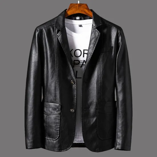 Sale OUKU Men's Faux Leather Jacket Pea Coat Blazer Outdoor Daily Wear Warm Button Pocket Fall Winter Plain Fashion Streetwear Lapel Regular Wine Black Coffee Jacket
