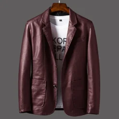 Sale OUKU Men's Faux Leather Jacket Pea Coat Blazer Outdoor Daily Wear Warm Button Pocket Fall Winter Plain Fashion Streetwear Lapel Regular Wine Black Coffee Jacket
