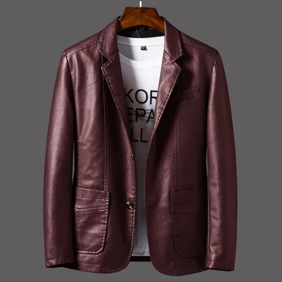 Sale OUKU Men's Faux Leather Jacket Pea Coat Blazer Outdoor Daily Wear Warm Button Pocket Fall Winter Plain Fashion Streetwear Lapel Regular Wine Black Coffee Jacket