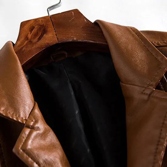 Sale OUKU Men's Faux Leather Jacket Pea Coat Blazer Outdoor Daily Wear Warm Button Pocket Fall Winter Plain Fashion Streetwear Lapel Regular Wine Black Coffee Jacket