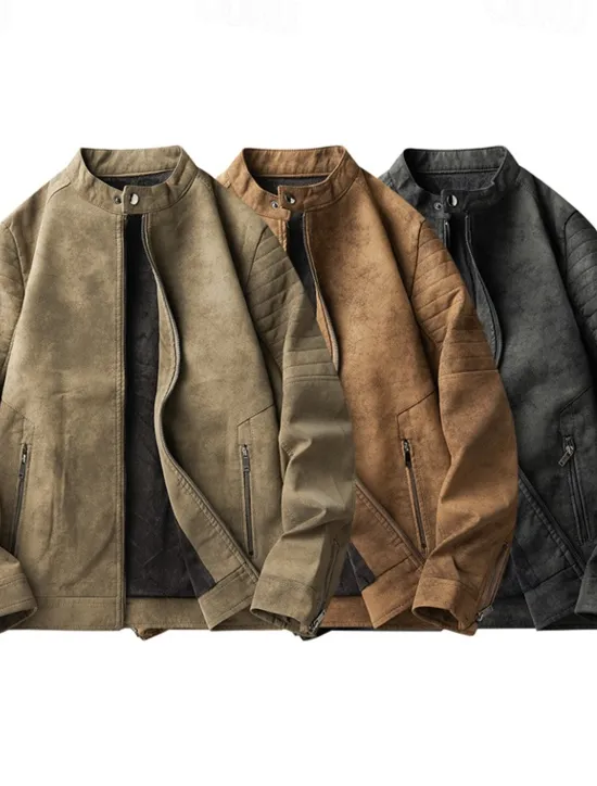 Best OUKU Men's Faux Leather Jacket Fleece Jacket Biker Jacket Vintage Leather Jacket Daily Vacation Windproof Warm Pocket Fall & Winter Plain Fashion Classic Stand Collar Regular Black Brown Green Jacket