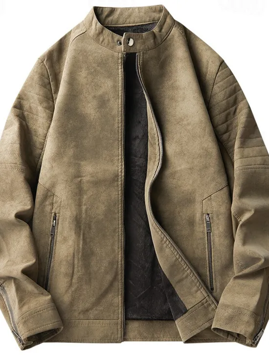 Best OUKU Men's Faux Leather Jacket Fleece Jacket Biker Jacket Vintage Leather Jacket Daily Vacation Windproof Warm Pocket Fall & Winter Plain Fashion Classic Stand Collar Regular Black Brown Green Jacket